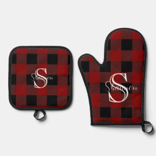 Monogram buffalo plaid oven mitt & pot holder set