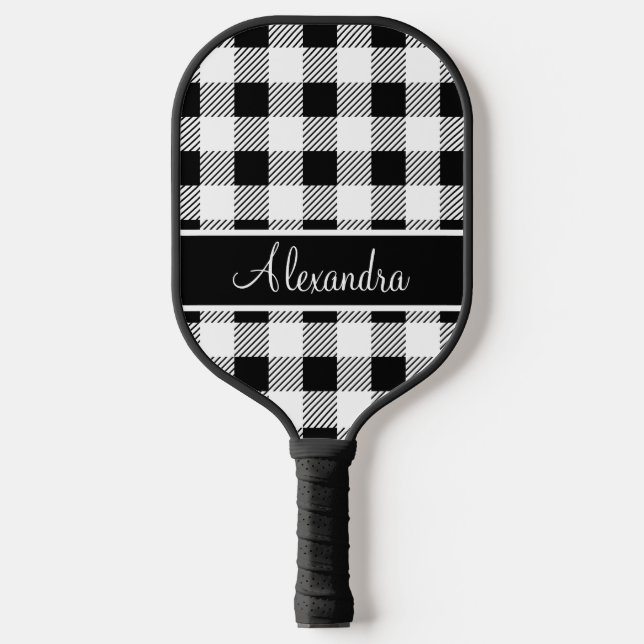 Monogram Buffalo Plaid White and Black Pickleball Paddle (Front)