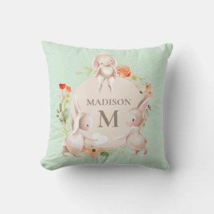 Monogram Bunny Rabbits Floral Baby Personalized Throw Pillow