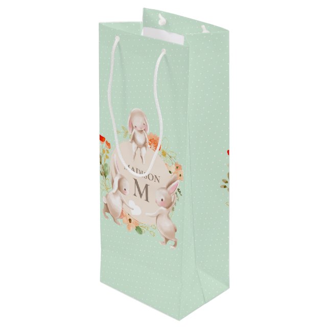 Monogram Bunny Rabbits Floral Baby Personalized Wine Gift Bag (Back Angled)