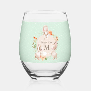 Monogram Bunny Rabbits Floral Easter Personalized Stemless Wine Glass