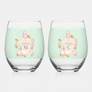 Monogram Bunny Rabbits Floral Easter Personalized Stemless Wine Glass