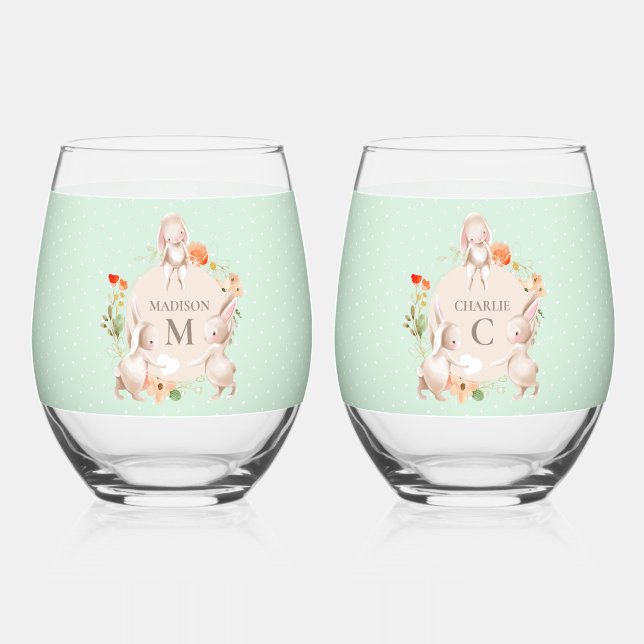 Monogram Bunny Rabbits Floral Easter Personalized Stemless Wine Glass (Front)