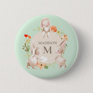Monogram Bunny Rabbits Floral Girly Personalized 2 Inch Round Button