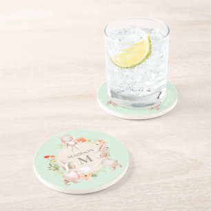 Monogram Bunny Rabbits Floral Girly Personalized Coaster