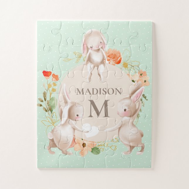Monogram Bunny Rabbits Floral Girly Personalized Jigsaw Puzzle (Vertical)
