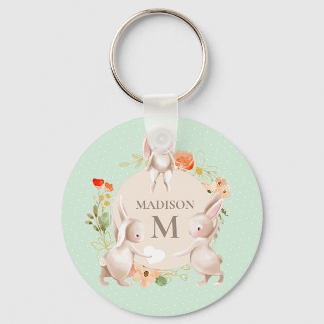 Monogram Bunny Rabbits Floral Girly Personalized Keychain (Front)