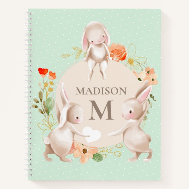 Monogram Bunny Rabbits Floral Girly Personalized Notebook (Front)