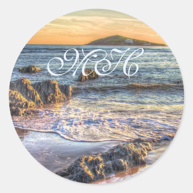 Monogram - Burgh Island from Bantham at Sundown... Classic Round Sticker (Front)