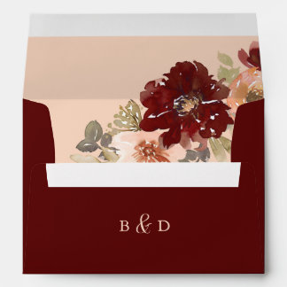 Monogram Burgundy and Peach Floral Return Address Envelope