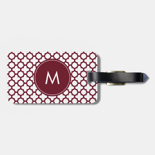 Monogram Burgundy and White Quatrefoil Pattern Luggage Tag (Back Horizontal)