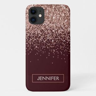 Monogram Burgundy Blush Pink Rose Gold Glitter iPhone 11 Case