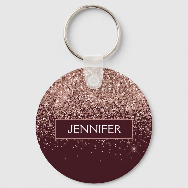 Monogram Burgundy Blush Pink Rose Gold Glitter Keychain (Front)