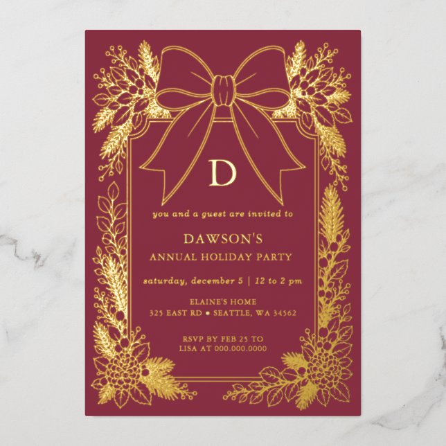 Monogram Burgundy Bow Garland Christmas Party (Front)