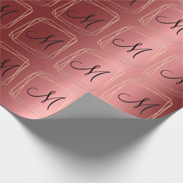 Monogram Burgundy Champaigne Gold Diamond Frame Wrapping Paper (Corner)