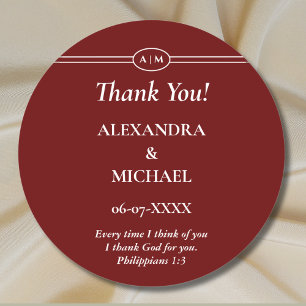 Monogram Burgundy Christian Wedding Thank You Classic Round Sticker