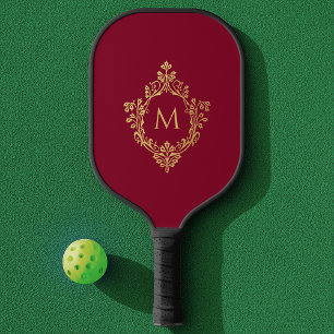 Monogram Burgundy Elegant Vintage Faux Gold Crest Pickleball Paddle