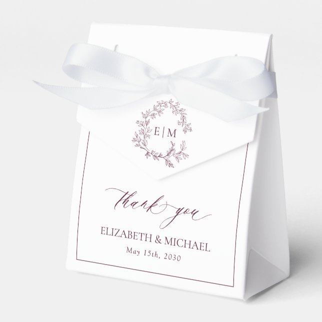 Monogram Burgundy Elegant Wedding Thank You Favor Box (Front Side)