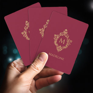 Monogram Burgundy Faux Gold Crest Elegant Vintage  Playing Cards