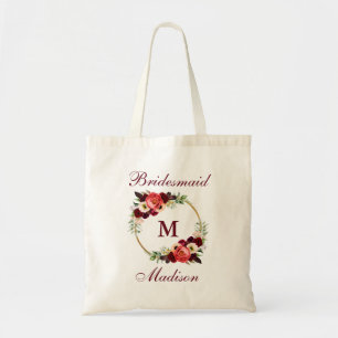 Monogram Burgundy Floral Gold Circle Bridesmaid Tote Bag