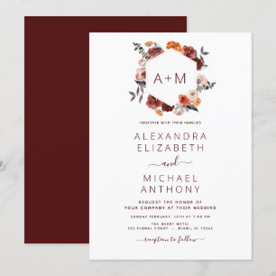 Monogram Burgundy Floral Greenery Wedding Invitation