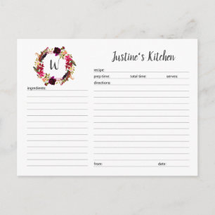 Monogram Burgundy Floral Wreath recipe cards