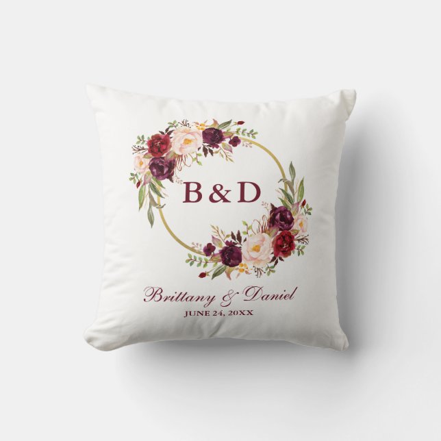 Monogram Burgundy Floral Wreath Wedding Throw Pillow (Front)