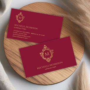 Monogram Burgundy Gold Initial in Vintage Crest Business Card