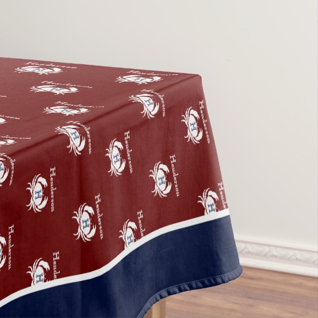 Monogram Burgundy Navy Blue White Crab Nautical  Tablecloth (In Situ)