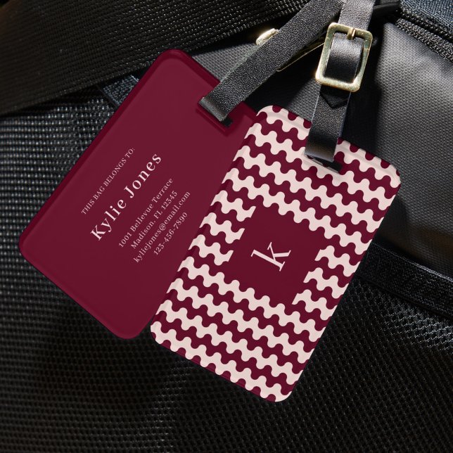 Monogram Burgundy Pink Bold Wavy Pattern Luggage Tag (Creator Uploaded)