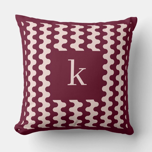 Monogram Burgundy Pink Bold Wavy Pattern Throw Pillow (Creator Uploaded)