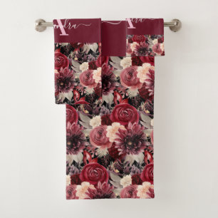 Monogram Burgundy & Pink Floral Elegant Towel Set