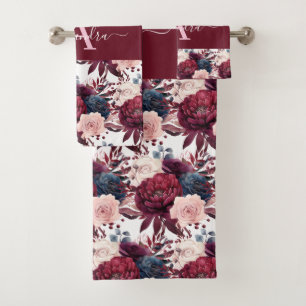 Monogram Burgundy & Pink Floral Elegant Towel Set