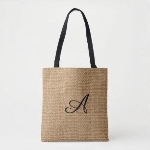 Monogram Burlap Print Tote Bag