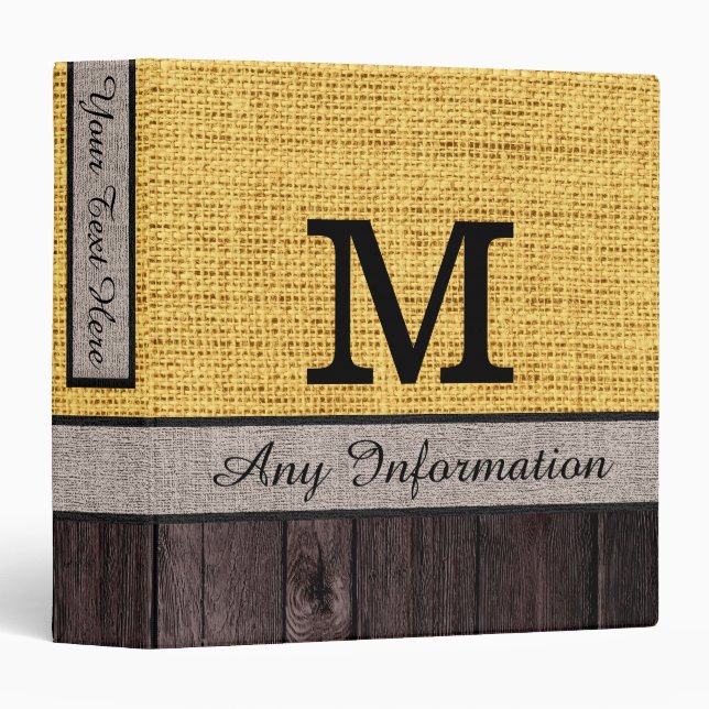 Monogram Burlap Rustic Jute Look Wood #4 Binder (Front/Spine)