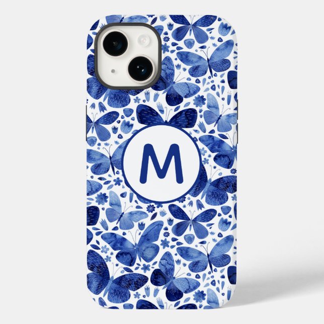 Monogram Butterfliy Watercolor Blue Case-Mate iPhone Case (Back)