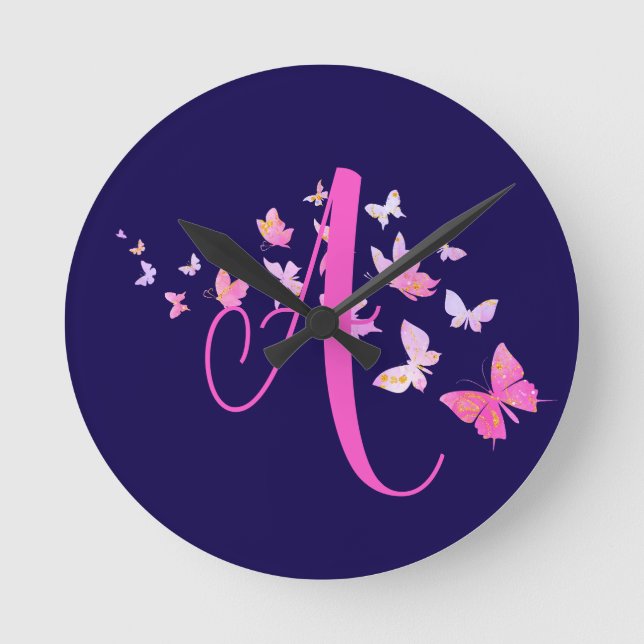 Monogram Butterfly Blue Pink Round Clock (Front)