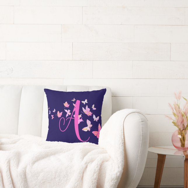 Monogram Butterfly Blue Pink Throw Pillow (Couch)