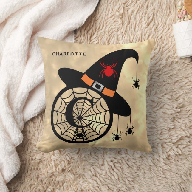 Monogram C Halloween Sky Witch Spiders Name Throw Pillow (Blanket)
