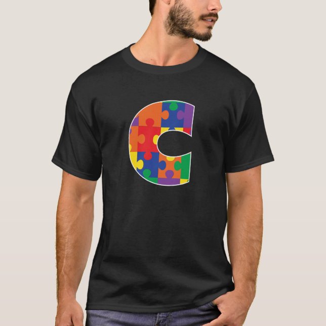 Monogram C in Multi Colour Puzzle Pieces T-Shirt (Front)