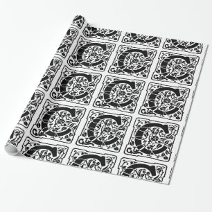 Monogram C Initial Black and White Floral Pattern Wrapping Paper