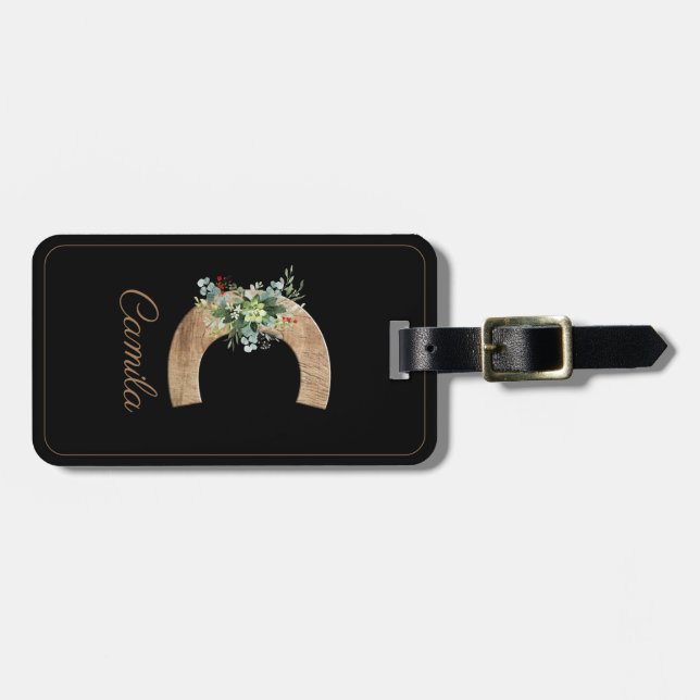 Monogram C wood letter succulent Luggage Tag (Front Horizontal)
