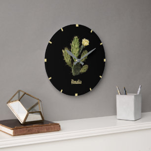 Monogram Cactus Flower Vintage Black Wall Clock