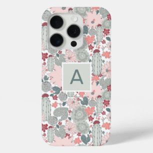Monogram Cactus Pink Mint Succulents Desert Plants iPhone 15 Pro Case