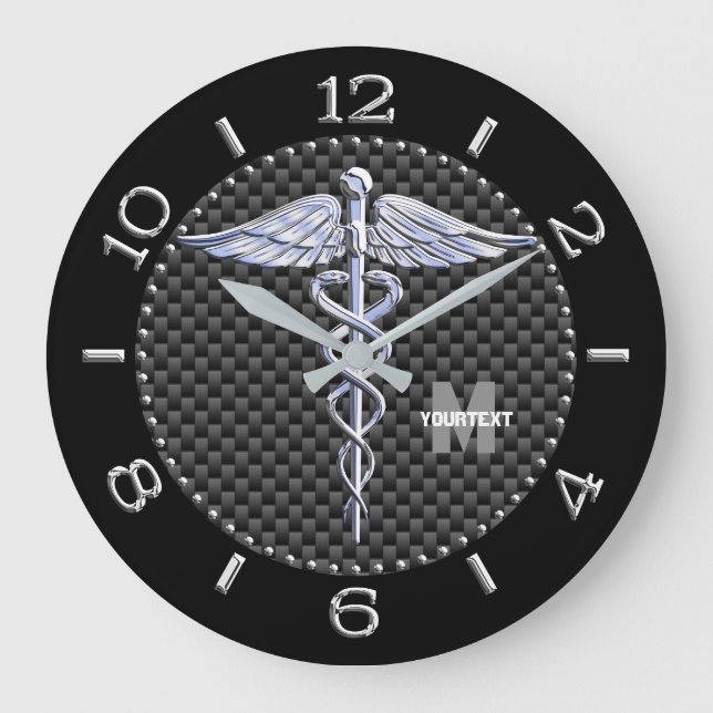 Monogram Caduceus Medical Symbol on Black Carbon Large Clock (Front)