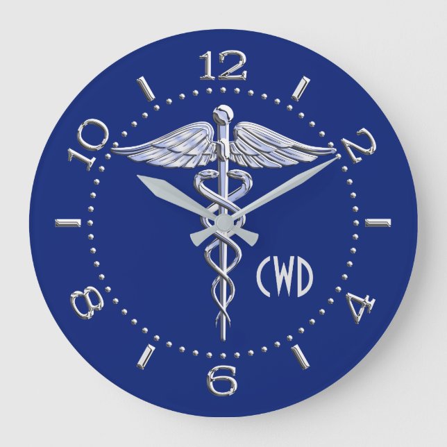 Monogram Caduceus Medical Symbol on Blue Large Clock (Front)