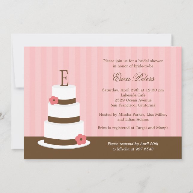 Monogram Cake Bridal Shower Invitation - Pink (Front)