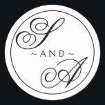 Monogram Calligraphy black and white Wedding Classic Round Sticker<br><div class="desc">Classic calligraphy letters with editable border and background colour</div>