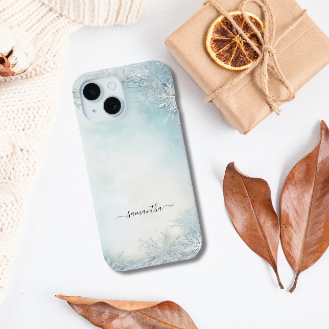 Monogram Calligraphy Blue White Snowflake Case-Mate iPhone Case (Monogrammed Blue white watercolor snowflake iPhone case)