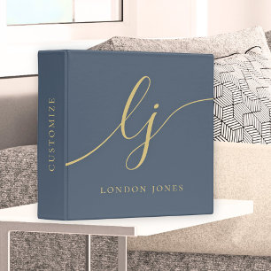 Monogram Calligraphy Simple Navy Blue Gold Initial Binder